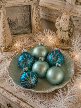 Vintage GDR East Germany Glass Christmas Ornaments Danson Decor Aqua Blue Set